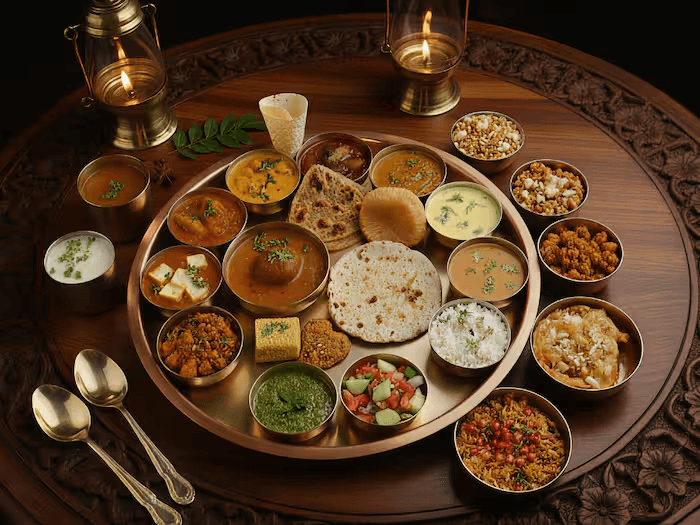 A candlelit table laid with brass thalis and lanterns at Castle Narela