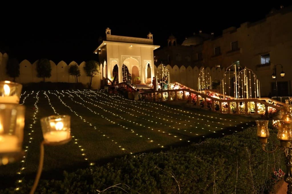 Lakeside wedding lawns and candlelit pavilion at Castle Narela